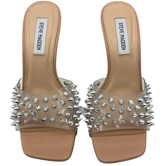 Steve Madden Vinyl Heels Studded Metallic Silver Spikes  Square Toe Sandals 7.5 - Picture 3 of 9